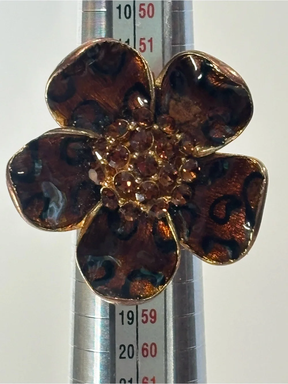 Chico’s Enamel Flower Ring Brown Leopard Print Orange Rhinestones Adjustable